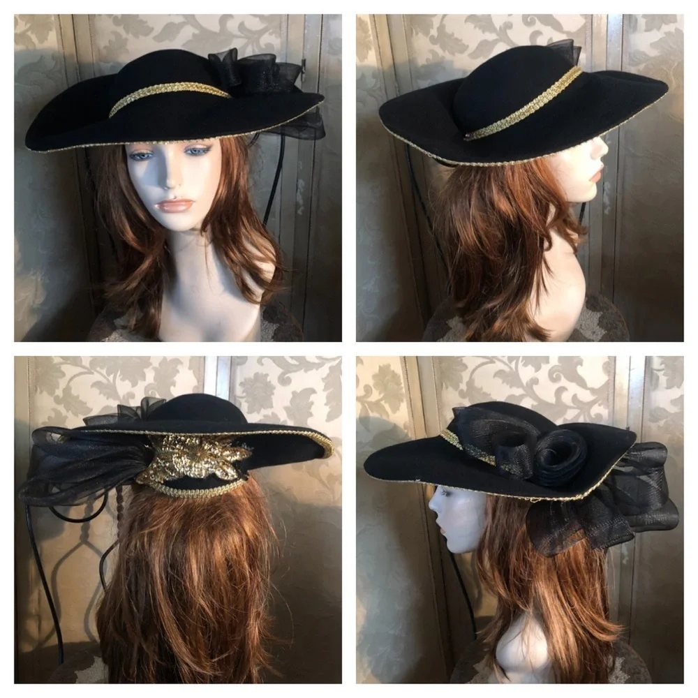 Vintage Couture Wide Brim Black & Gold Hat - Picture 14 of 14